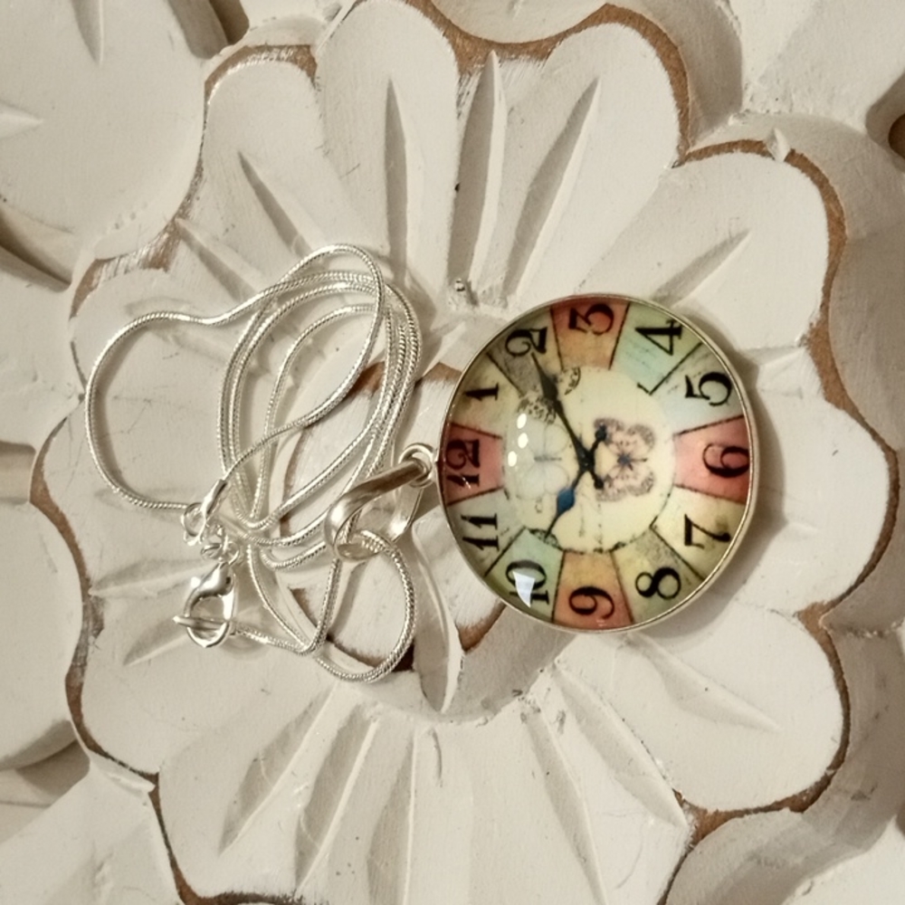 Fancy Glass Time Clock 🦋 Ethnic Handmade 925 Stamped Sterling Silver Necklace